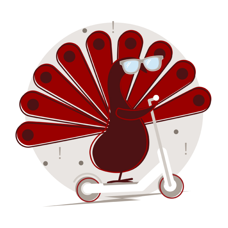 Illustration of a cartoon peacock with sunglasses on a scooter.